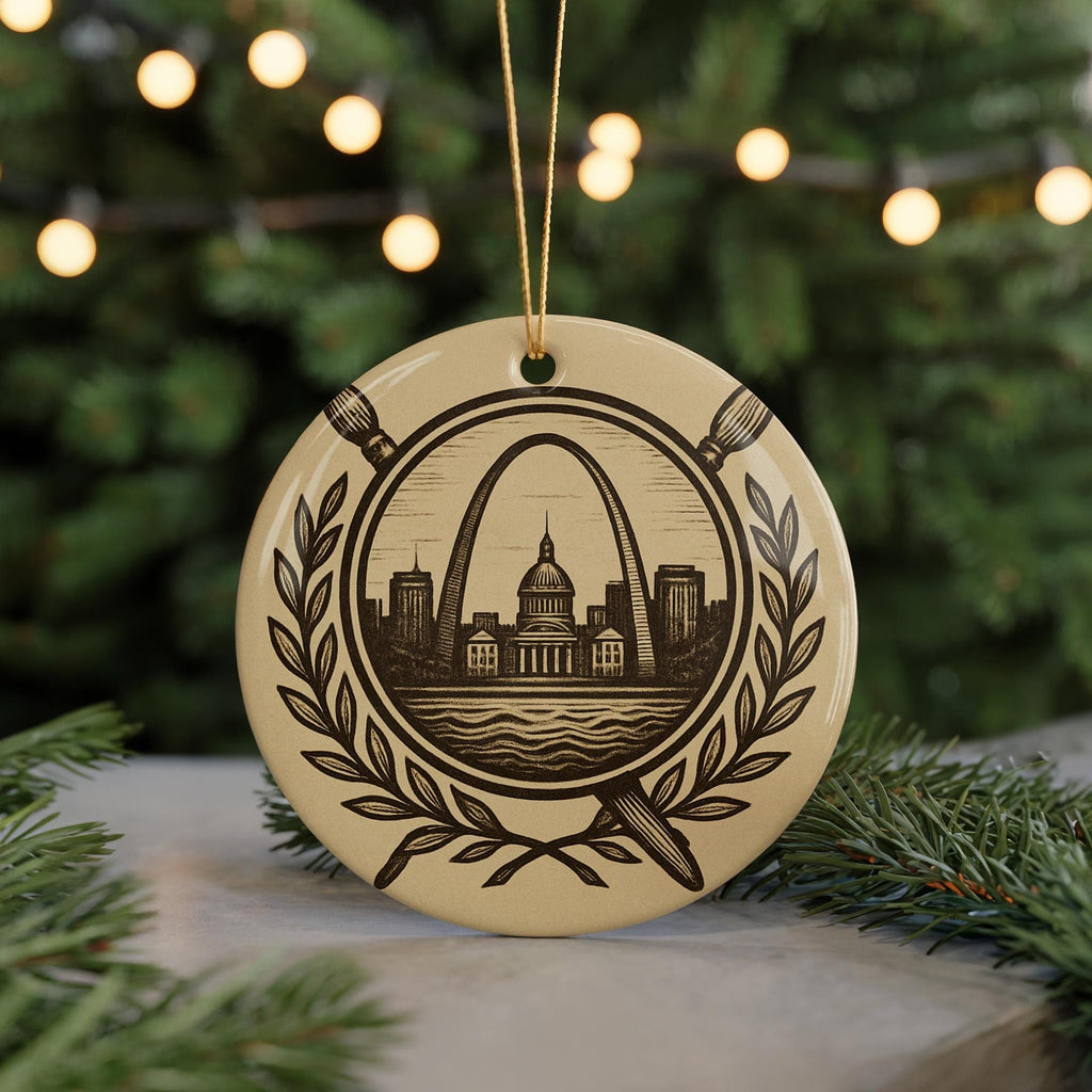 Artist Ceramic Ornament – Circular Heraldic Shield with Laurel Branches, Art Tools, and Iconic Landmark Scene — photo 5
