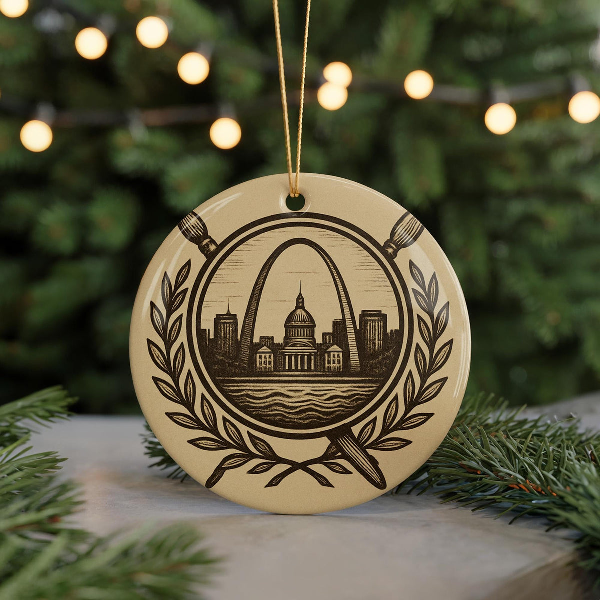 Artist Ceramic Ornament – Circular Heraldic Shield with Laurel Branches, Art Tools, and Iconic Landmark Scene — photo 5