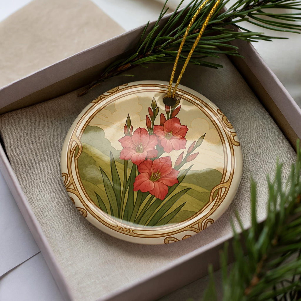 August Gladiolus Ceramic Ornament – Circular Floral Design Featuring August Birth Flower with Flowing Borders and Iconic Landmark — photo 1