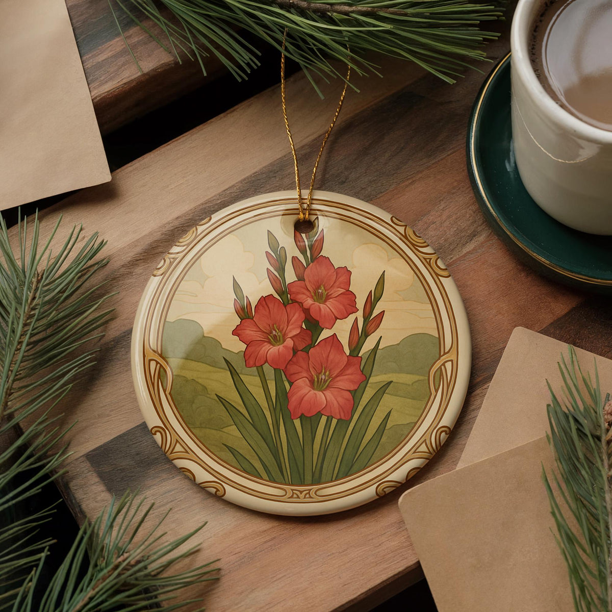 August Gladiolus Ceramic Ornament – Circular Floral Design Featuring August Birth Flower with Flowing Borders and Iconic Landmark — photo 3