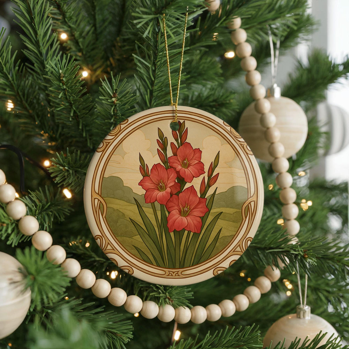 August Gladiolus Ceramic Ornament – Circular Floral Design Featuring August Birth Flower with Flowing Borders and Iconic Landmark — photo 4