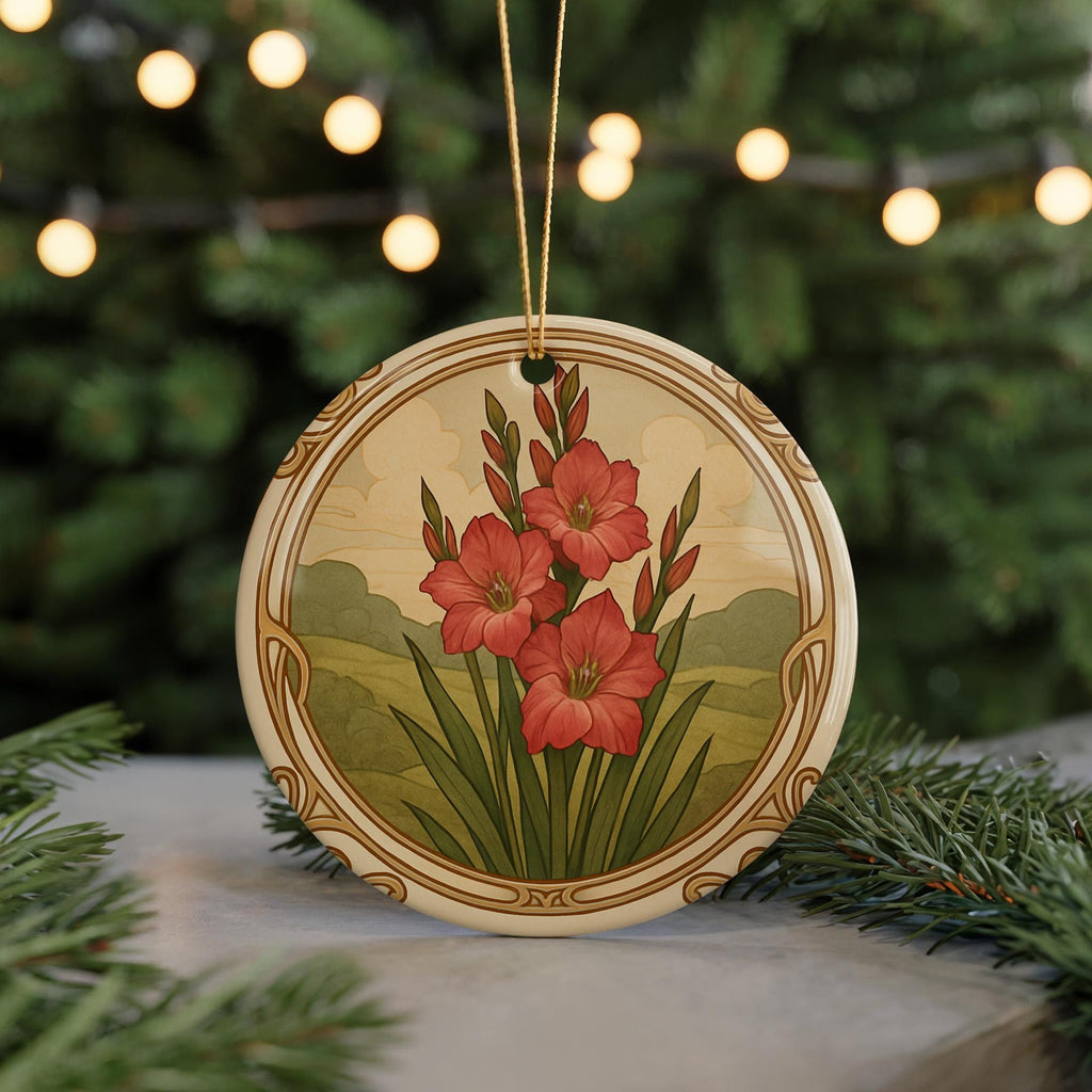 August Gladiolus Ceramic Ornament – Circular Floral Design Featuring August Birth Flower with Flowing Borders and Iconic Landmark — photo 5
