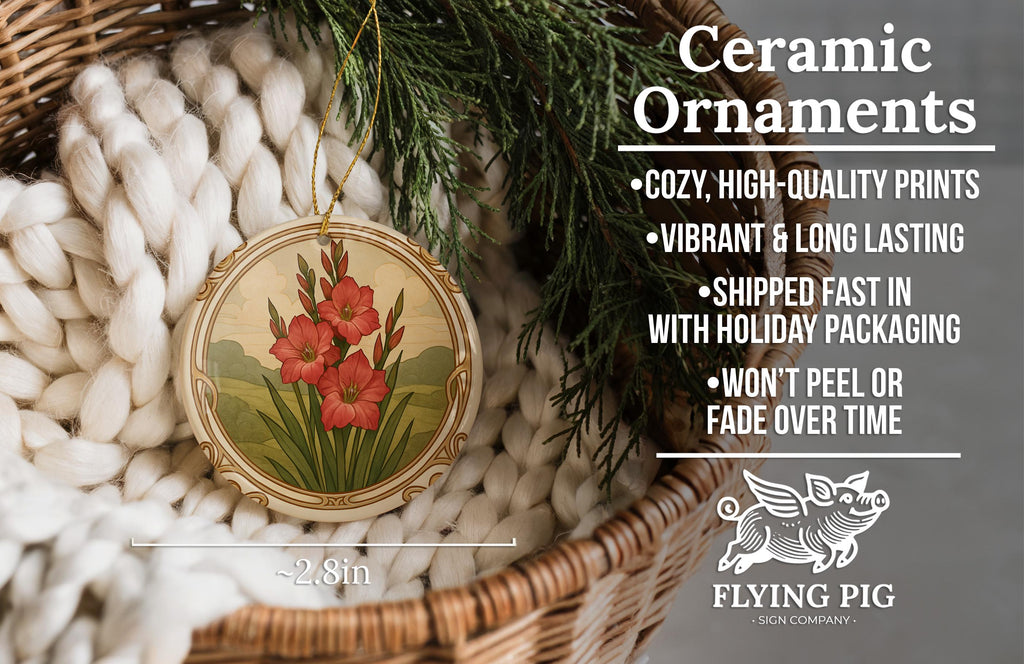 August Gladiolus Ceramic Ornament – Circular Floral Design Featuring August Birth Flower with Flowing Borders and Iconic Landmark — photo 6