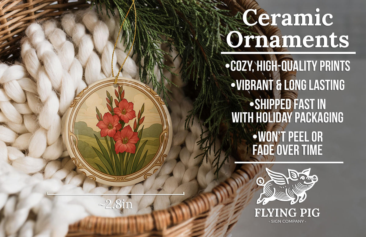 August Gladiolus Ceramic Ornament – Circular Floral Design Featuring August Birth Flower with Flowing Borders and Iconic Landmark — photo 6