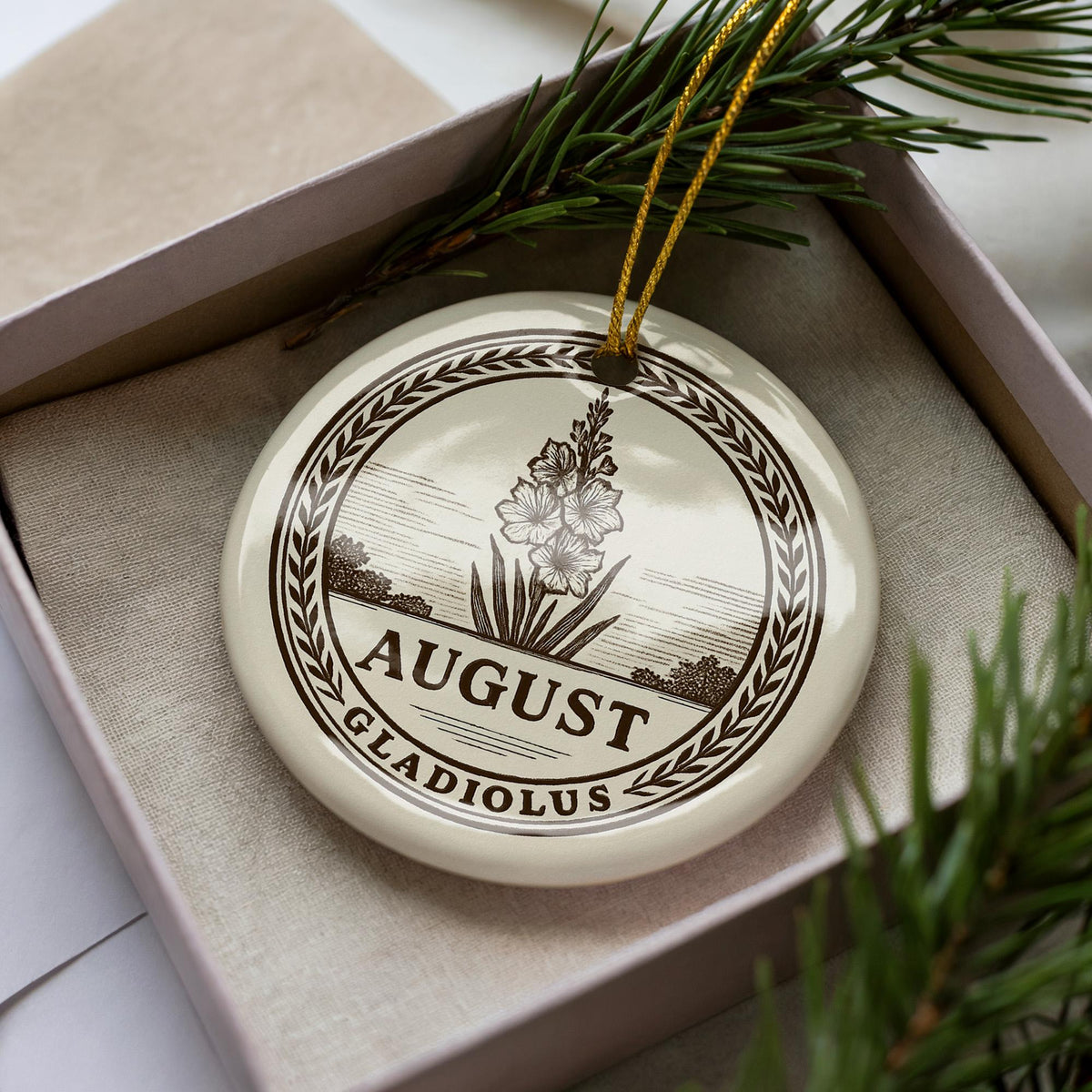 August Gladiolus Ceramic Ornament – Circular Emblem with Gladiolus Flower and Iconic August Landmark Scene — photo 2