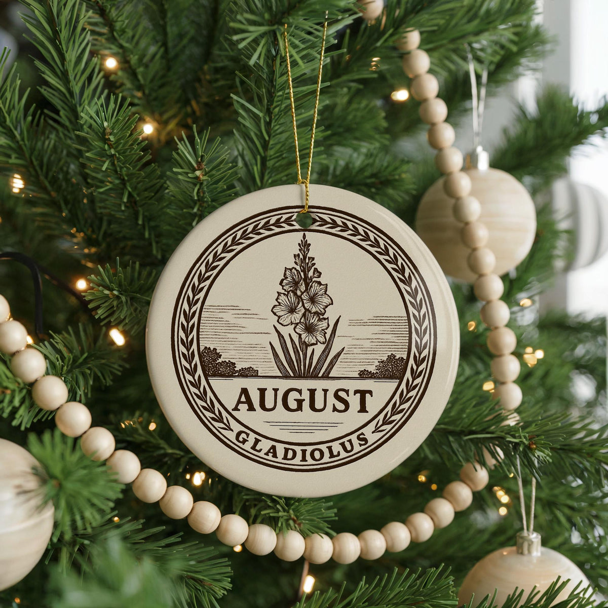 August Gladiolus Ceramic Ornament – Circular Emblem with Gladiolus Flower and Iconic August Landmark Scene — photo 4