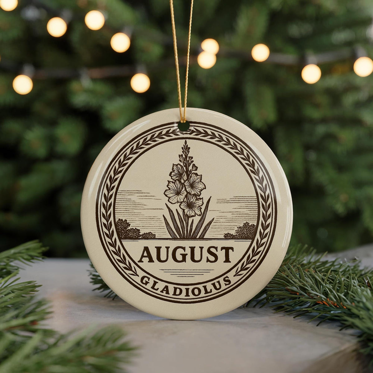 August Gladiolus Ceramic Ornament – Circular Emblem with Gladiolus Flower and Iconic August Landmark Scene — photo 5