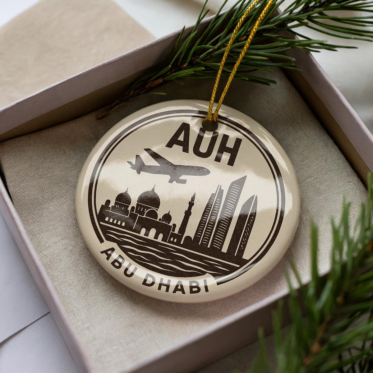 Abu Dhabi AUH Ceramic Ornament with Circular Letterpress Frame and Aircraft Icon Featuring Iconic City Landmark Scene — photo 1