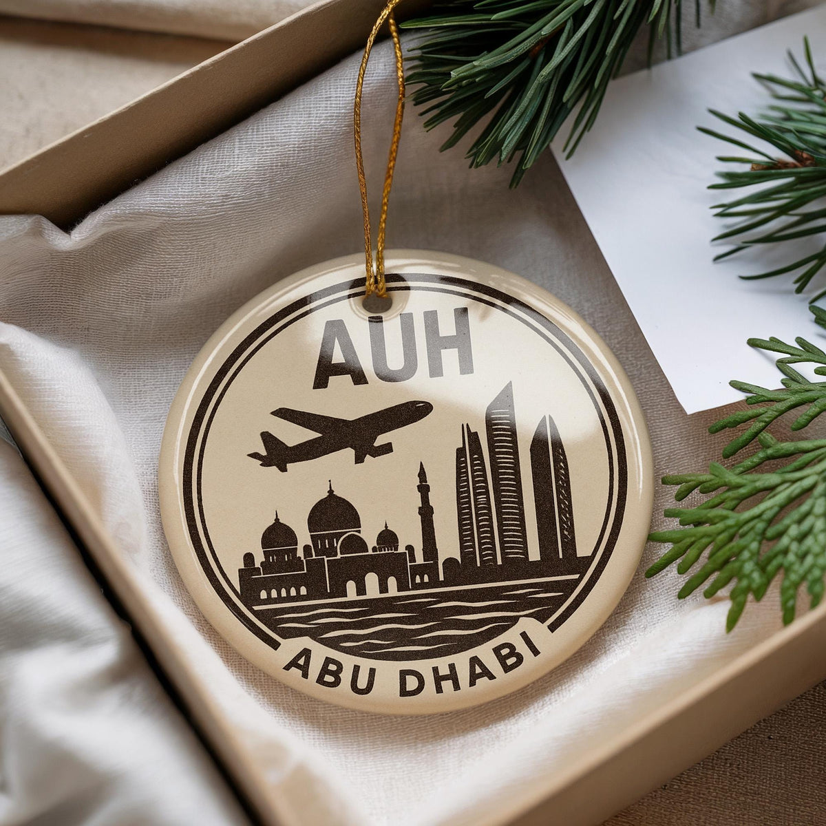 Abu Dhabi AUH Ceramic Ornament with Circular Letterpress Frame and Aircraft Icon Featuring Iconic City Landmark Scene — photo 3