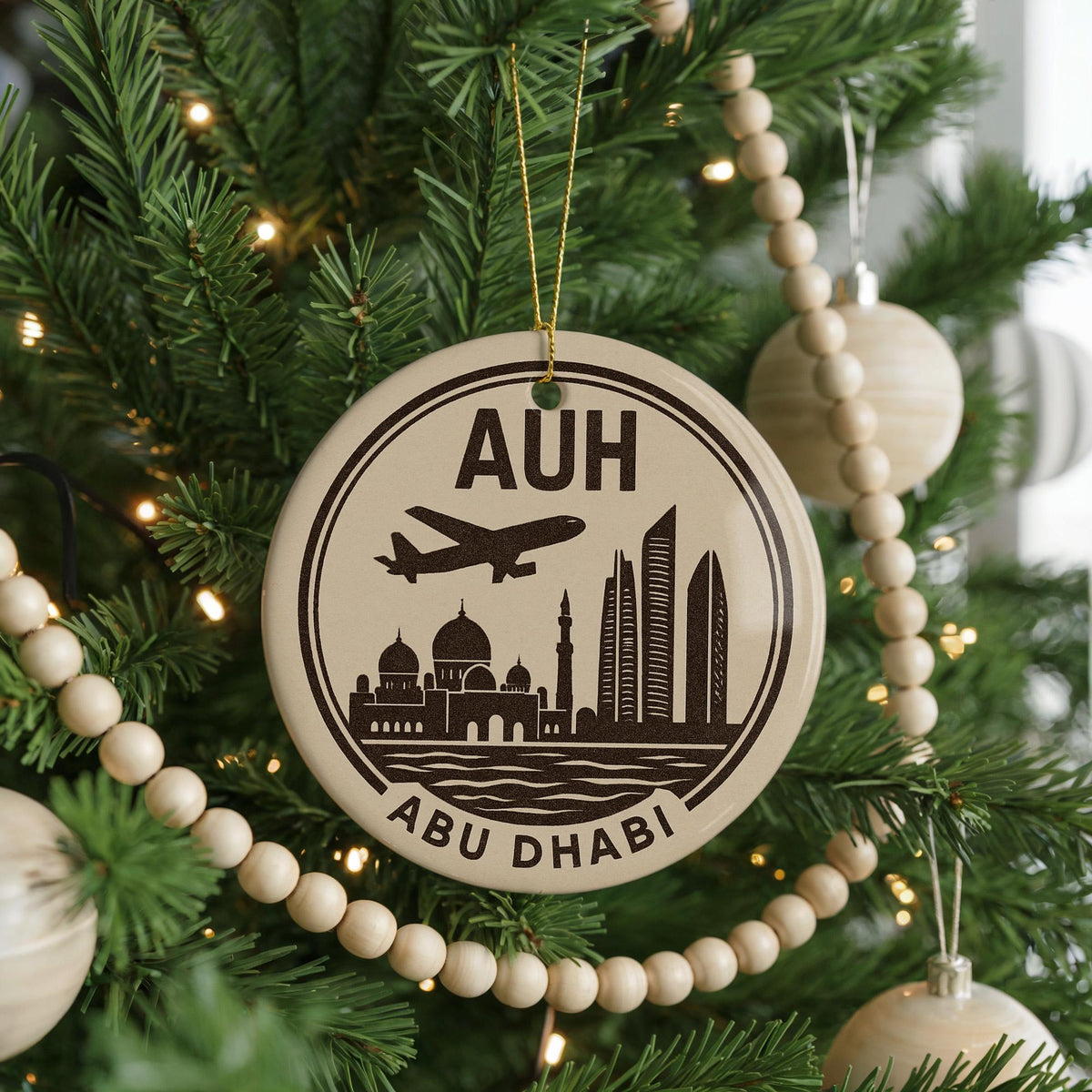 Abu Dhabi AUH Ceramic Ornament with Circular Letterpress Frame and Aircraft Icon Featuring Iconic City Landmark Scene — photo 4