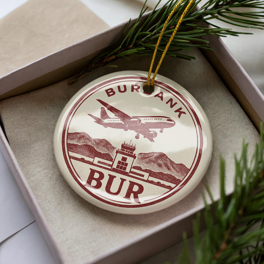 BUR Airport Landmark Ceramic Ornament – Circular Letterpress Frame with Aircraft Icon and Iconic Burbank View — photo 1