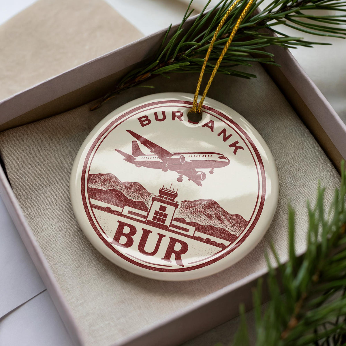 BUR Airport Landmark Ceramic Ornament – Circular Letterpress Frame with Aircraft Icon and Iconic Burbank View — photo 1