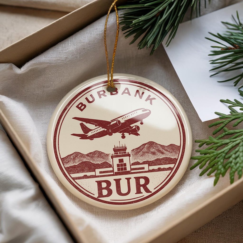 BUR Airport Landmark Ceramic Ornament – Circular Letterpress Frame with Aircraft Icon and Iconic Burbank View — photo 2