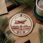 BUR Airport Landmark Ceramic Ornament – Circular Letterpress Frame with Aircraft Icon and Iconic Burbank View — photo 3