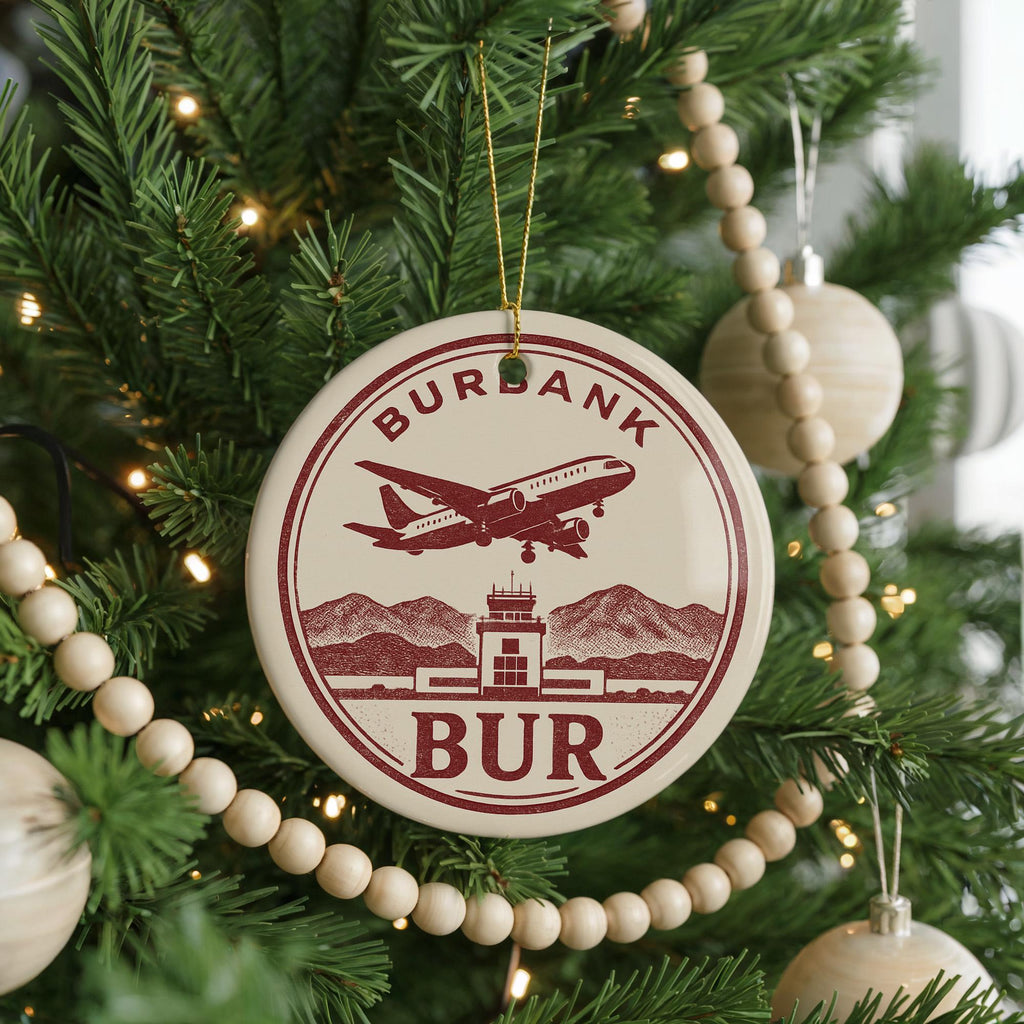 BUR Airport Landmark Ceramic Ornament – Circular Letterpress Frame with Aircraft Icon and Iconic Burbank View — photo 4