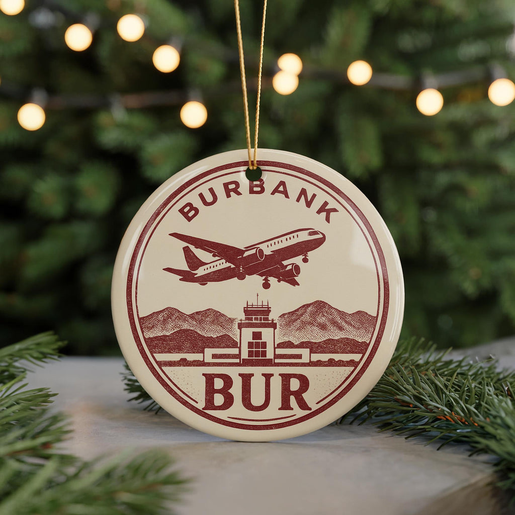 BUR Airport Landmark Ceramic Ornament – Circular Letterpress Frame with Aircraft Icon and Iconic Burbank View — photo 5