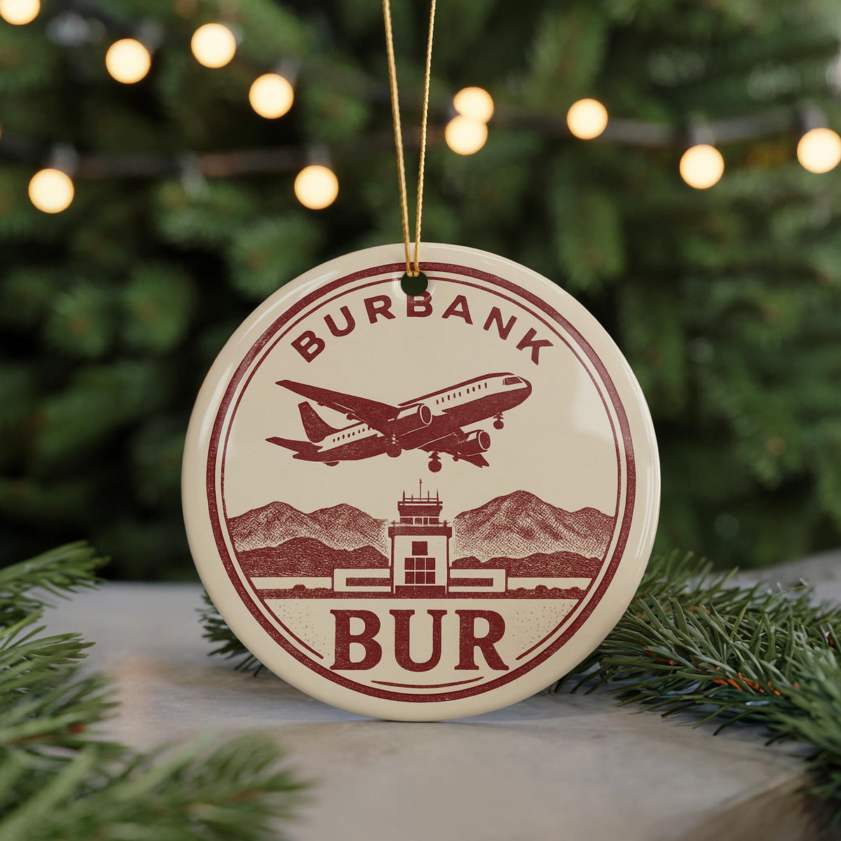 BUR Airport Landmark Ceramic Ornament – Circular Letterpress Frame with Aircraft Icon and Iconic Burbank View — photo 5