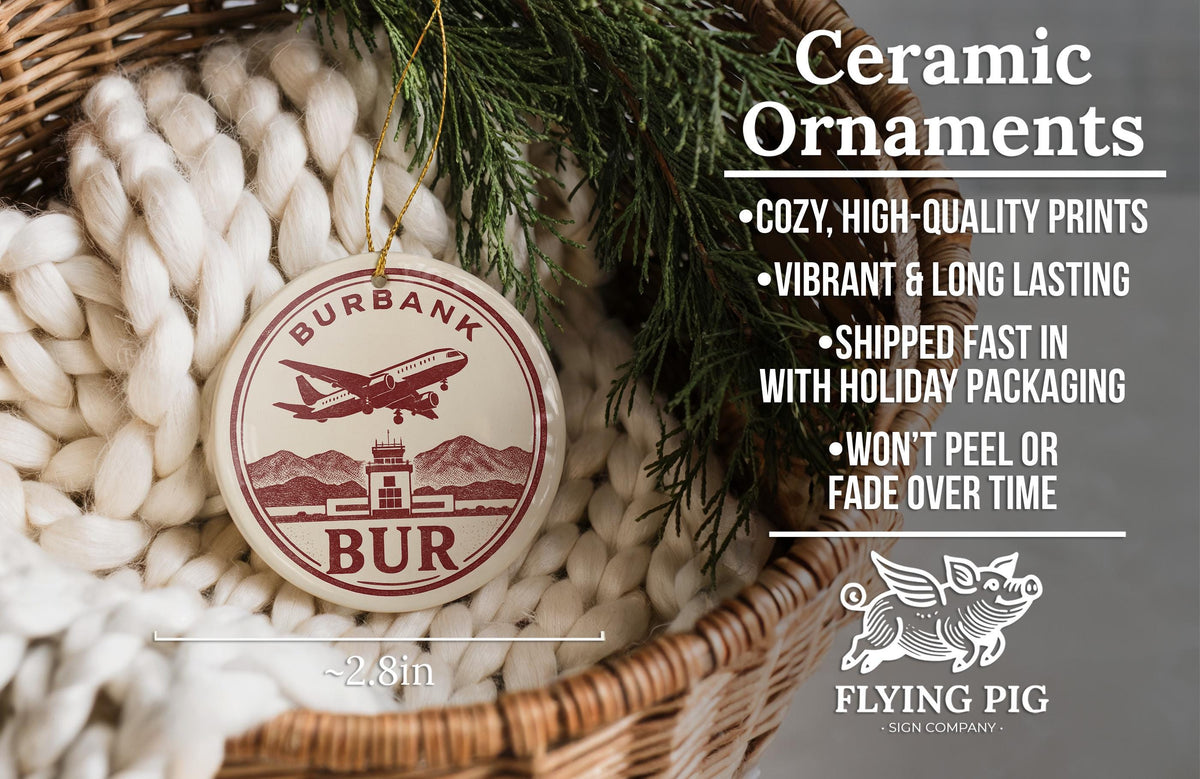 BUR Airport Landmark Ceramic Ornament – Circular Letterpress Frame with Aircraft Icon and Iconic Burbank View — photo 6