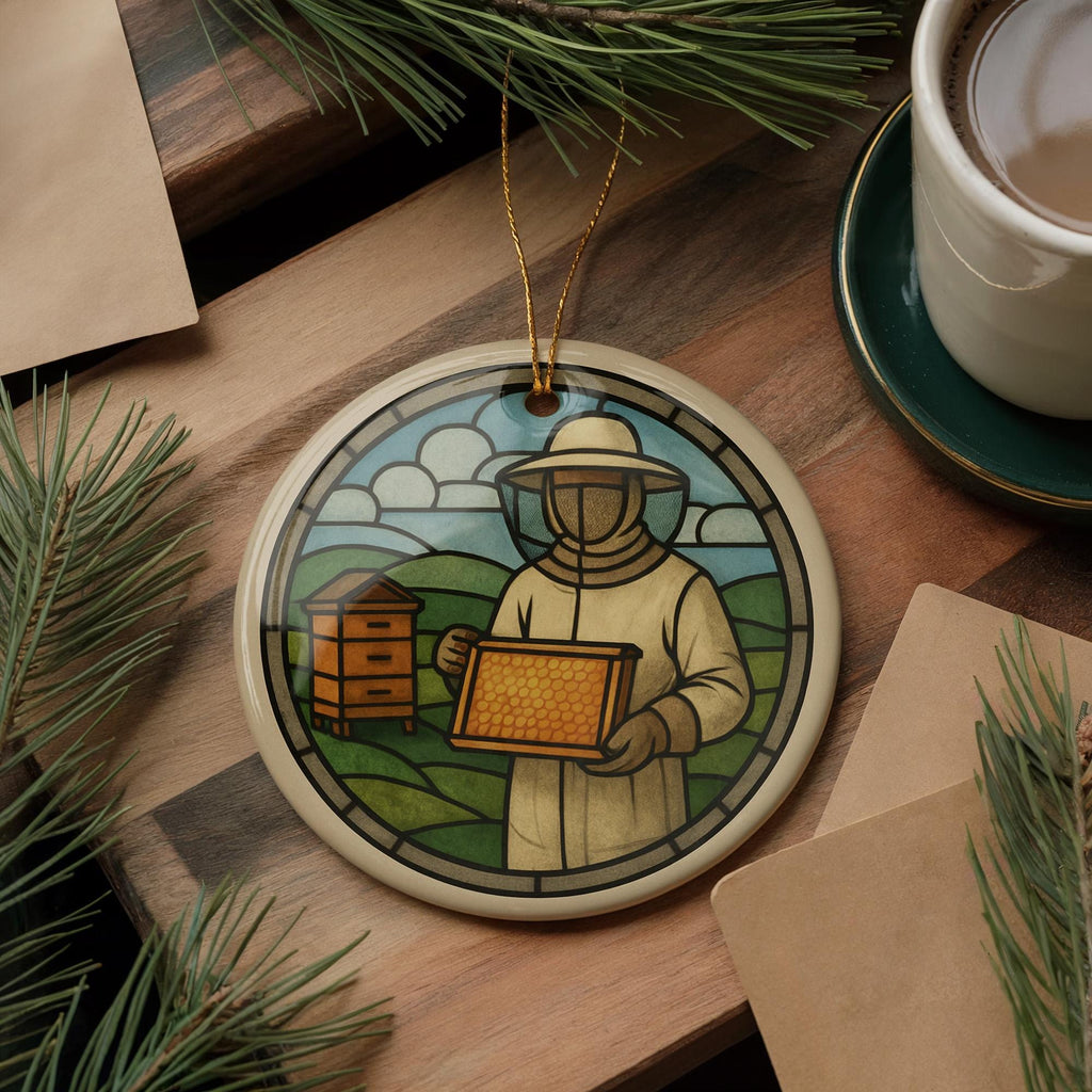 Beekeeper Emblem Ceramic Ornament – Circular Window Motif with Iconic Beekeeping Landmark Scene — photo 1