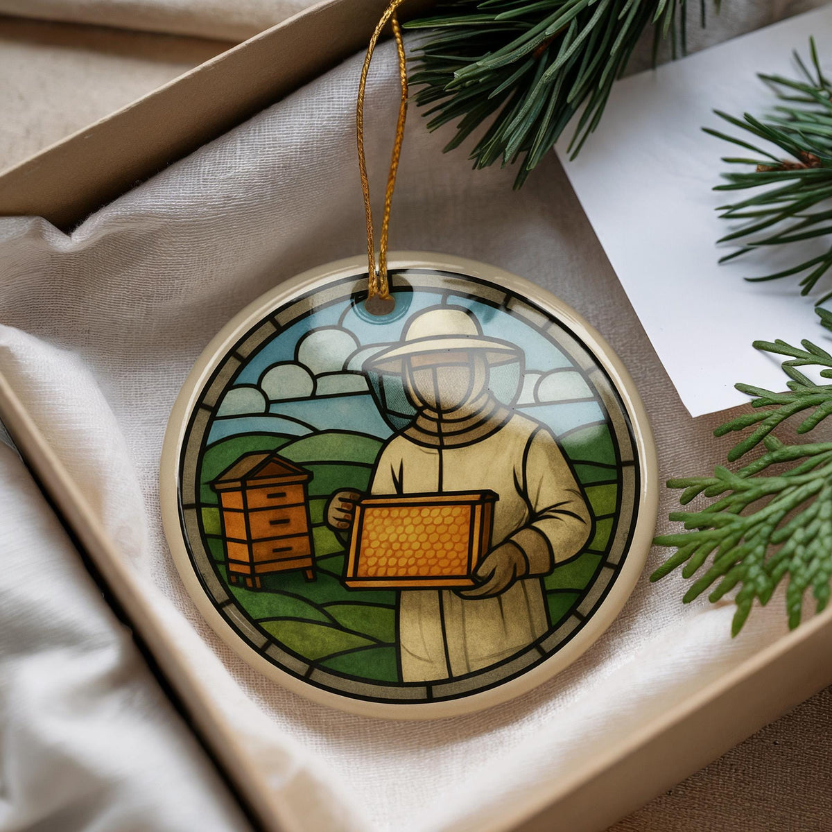 Beekeeper Emblem Ceramic Ornament – Circular Window Motif with Iconic Beekeeping Landmark Scene — photo 2
