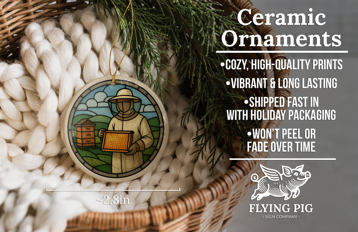 Beekeeper Emblem Ceramic Ornament – Circular Window Motif with Iconic Beekeeping Landmark Scene — photo 6