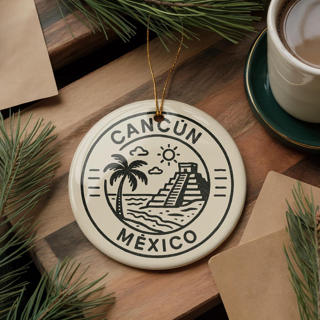 Cancun Mexico Ceramic Ornament – Circular Postal Seal Design Featuring Iconic Cancun Landmark and Coastal View — photo 1