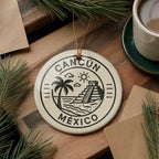 Cancun Mexico Ceramic Ornament – Circular Postal Seal Design Featuring Iconic Cancun Landmark and Coastal View — photo 1