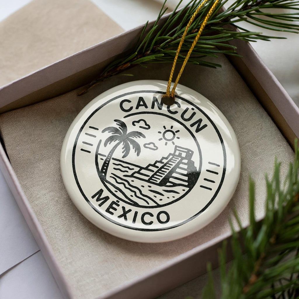 Cancun Mexico Ceramic Ornament – Circular Postal Seal Design Featuring Iconic Cancun Landmark and Coastal View — photo 2