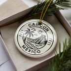 Cancun Mexico Ceramic Ornament – Circular Postal Seal Design Featuring Iconic Cancun Landmark and Coastal View — photo 2