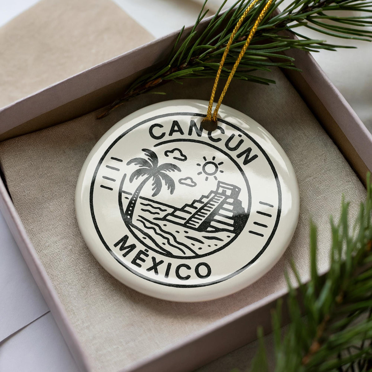 Cancun Mexico Ceramic Ornament – Circular Postal Seal Design Featuring Iconic Cancun Landmark and Coastal View — photo 2