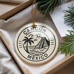 Cancun Mexico Ceramic Ornament – Circular Postal Seal Design Featuring Iconic Cancun Landmark and Coastal View — photo 3