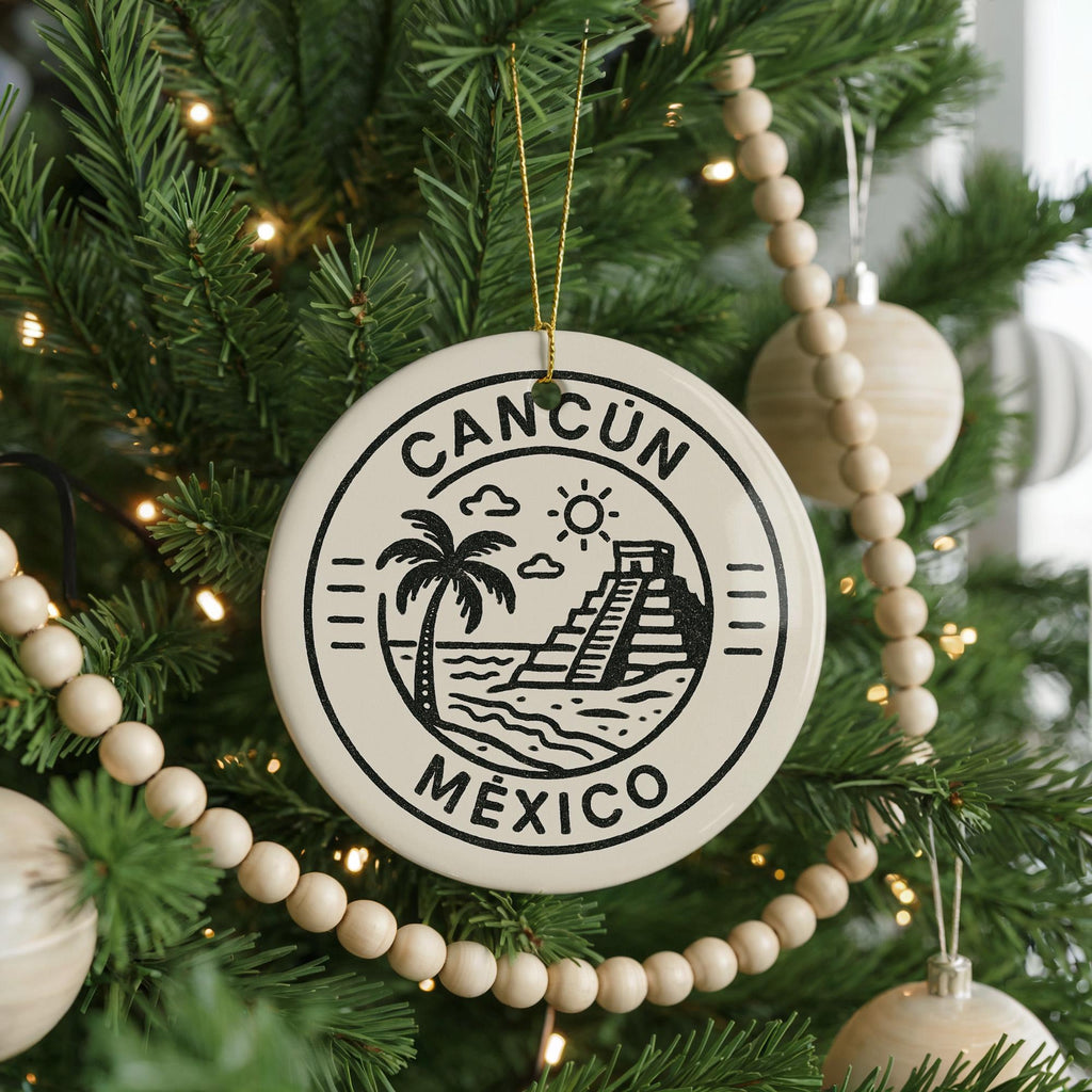 Cancun Mexico Ceramic Ornament – Circular Postal Seal Design Featuring Iconic Cancun Landmark and Coastal View — photo 4