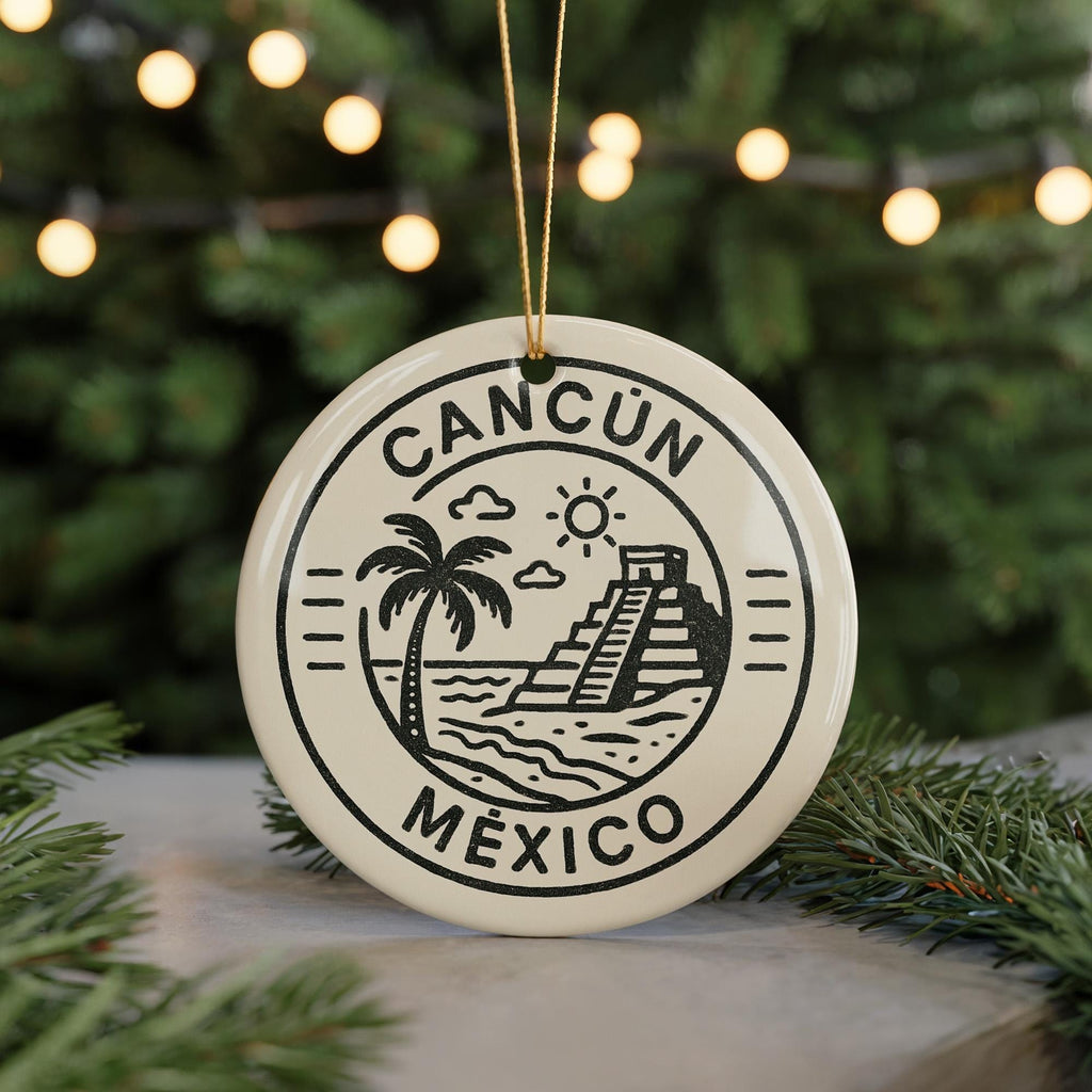 Cancun Mexico Ceramic Ornament – Circular Postal Seal Design Featuring Iconic Cancun Landmark and Coastal View — photo 5