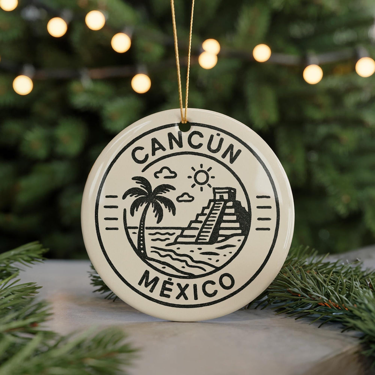 Cancun Mexico Ceramic Ornament – Circular Postal Seal Design Featuring Iconic Cancun Landmark and Coastal View — photo 5