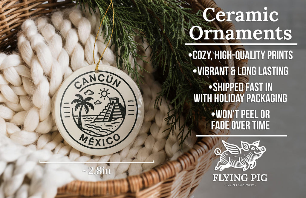 Cancun Mexico Ceramic Ornament – Circular Postal Seal Design Featuring Iconic Cancun Landmark and Coastal View — photo 6