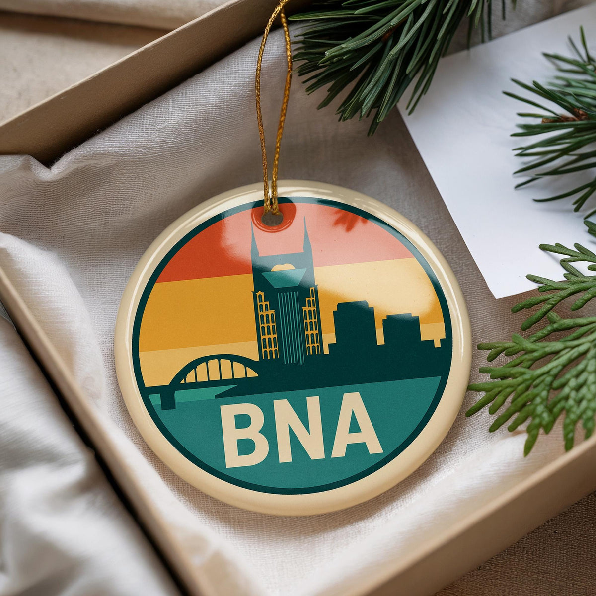 BNA Nashville Airport Ceramic Ornament – Retro Baggage Tag Design with Iconic Landmark Illustration — photo 2