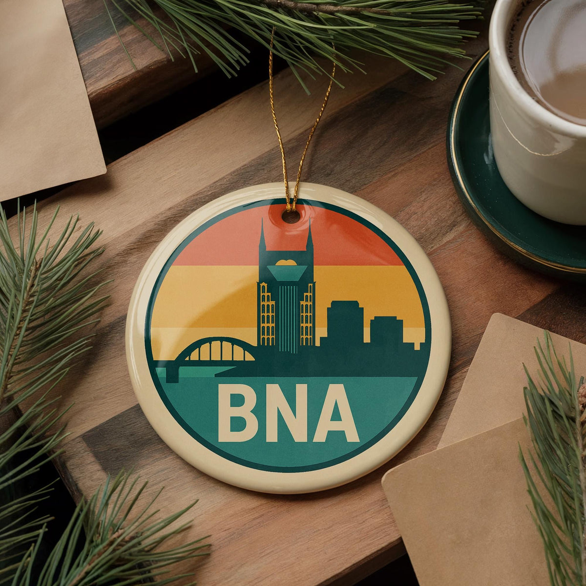 BNA Nashville Airport Ceramic Ornament – Retro Baggage Tag Design with Iconic Landmark Illustration — photo 3