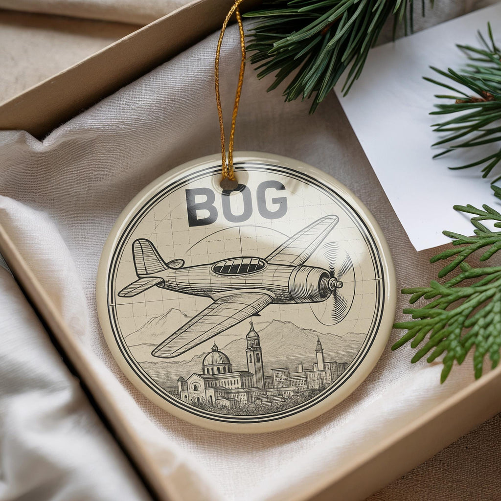 BOG Circular Airplane Diagram Ornament Featuring Bogotá Landmark | Ceramic Travel Keepsake | Bogotá Airport Gift — photo 1