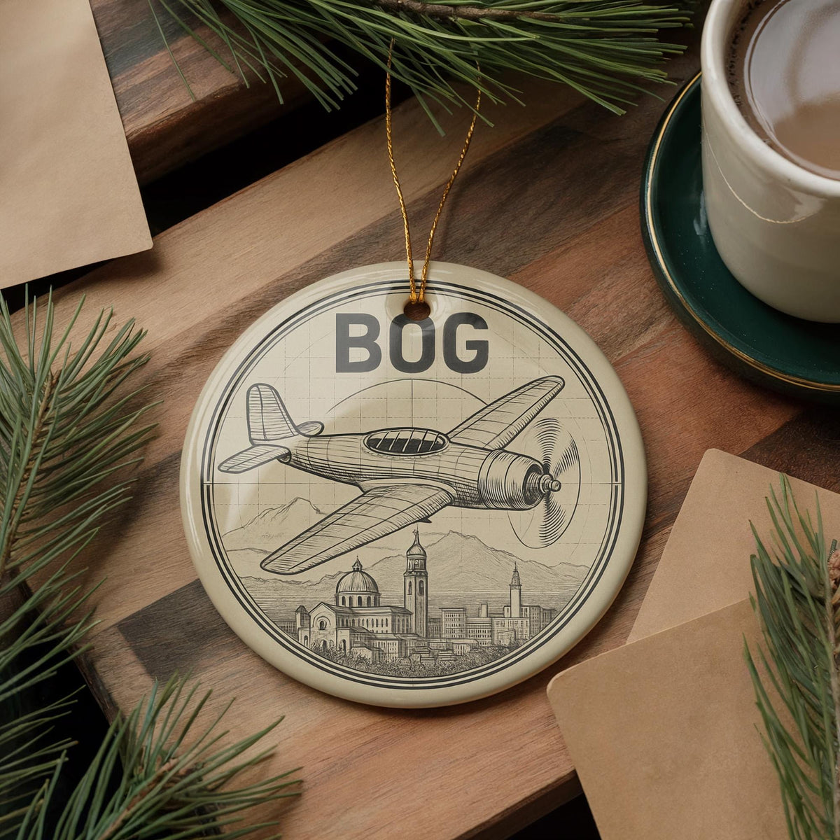 BOG Circular Airplane Diagram Ornament Featuring Bogotá Landmark | Ceramic Travel Keepsake | Bogotá Airport Gift — photo 3