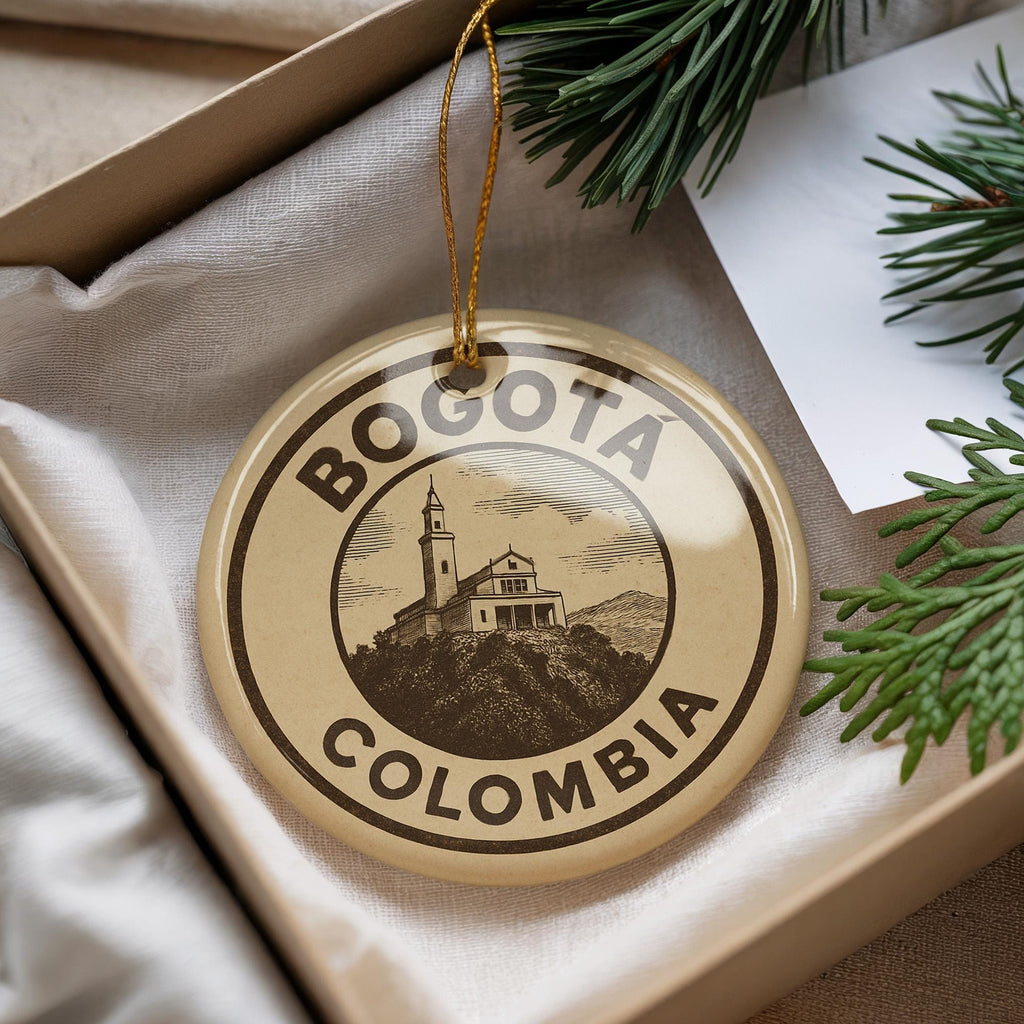 Bogotá Colombia Ceramic Ornament – Vintage Circular Newspaper Ad Design Featuring Iconic City Landmark Scene — photo 1