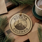 Bogotá Colombia Ceramic Ornament – Vintage Circular Newspaper Ad Design Featuring Iconic City Landmark Scene — photo 2