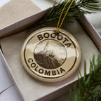 Bogotá Colombia Ceramic Ornament – Vintage Circular Newspaper Ad Design Featuring Iconic City Landmark Scene — photo 3