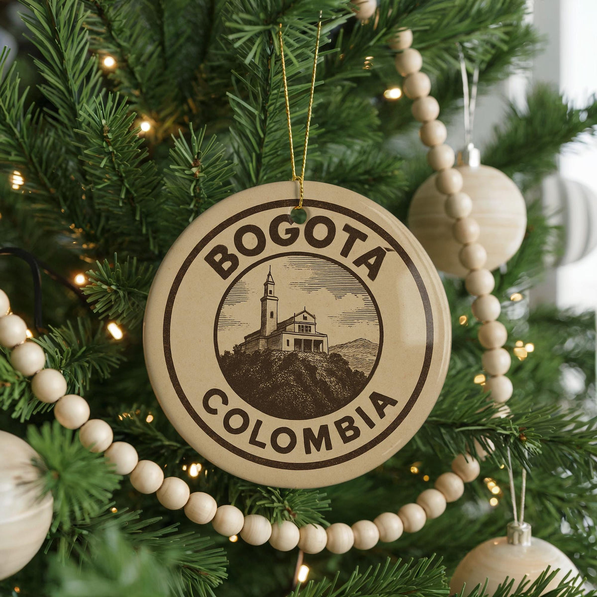 Bogotá Colombia Ceramic Ornament – Vintage Circular Newspaper Ad Design Featuring Iconic City Landmark Scene — photo 4