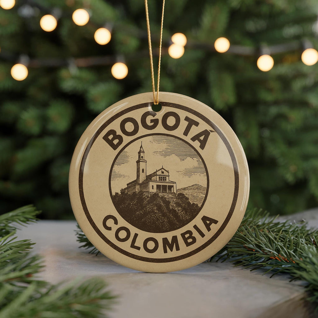 Bogotá Colombia Ceramic Ornament – Vintage Circular Newspaper Ad Design Featuring Iconic City Landmark Scene — photo 5