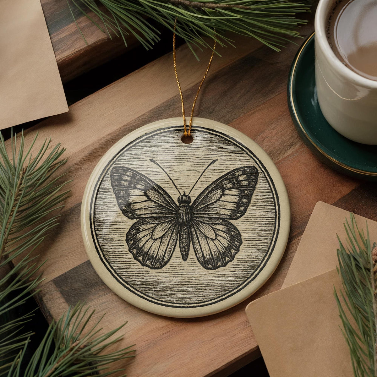 Butterfly Emblem Ceramic Ornament – Circular Design Featuring Iconic Butterfly Motif and Landmark Scene — photo 1