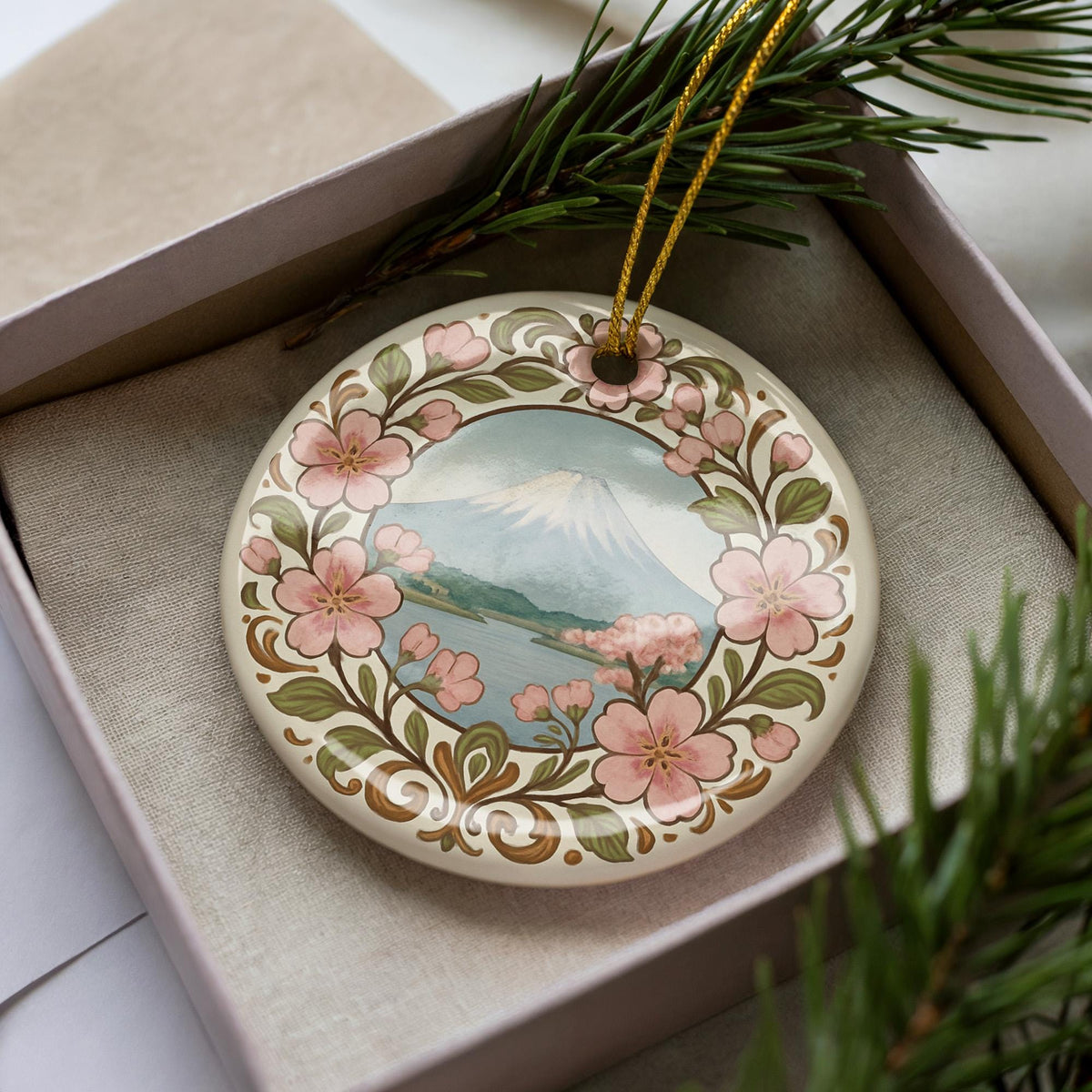Cherry Blossom Ceramic Ornament with Floral Border and Iconic Landmark Scene – Spring Sakura Tree Decoration — photo 1