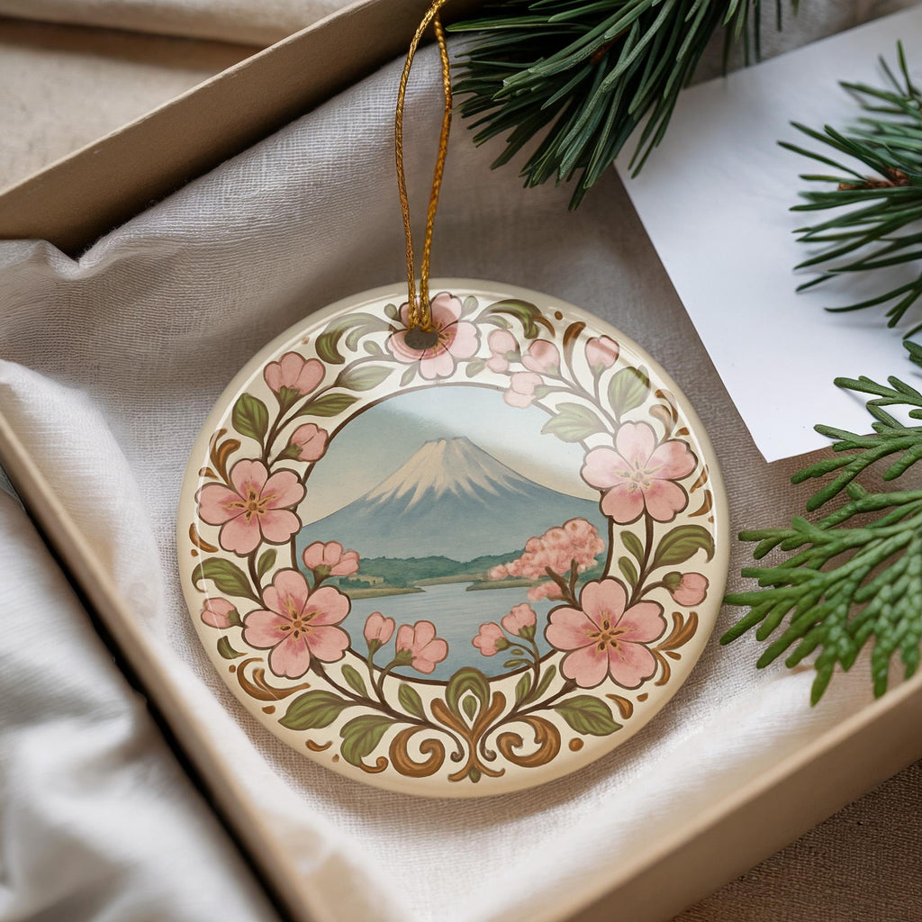 Cherry Blossom Ceramic Ornament with Floral Border and Iconic Landmark Scene – Spring Sakura Tree Decoration — photo 2