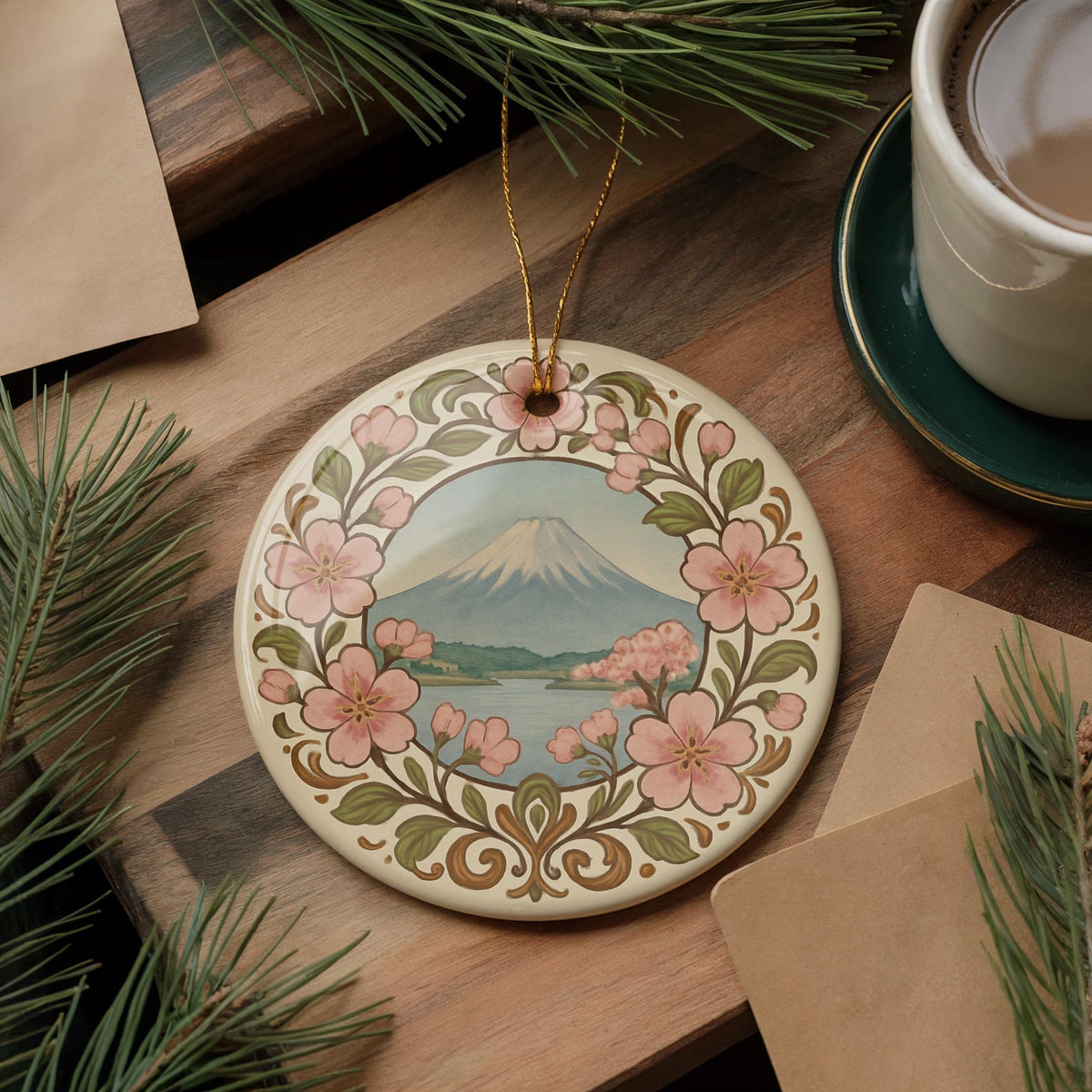 Cherry Blossom Ceramic Ornament with Floral Border and Iconic Landmark Scene – Spring Sakura Tree Decoration — photo 3