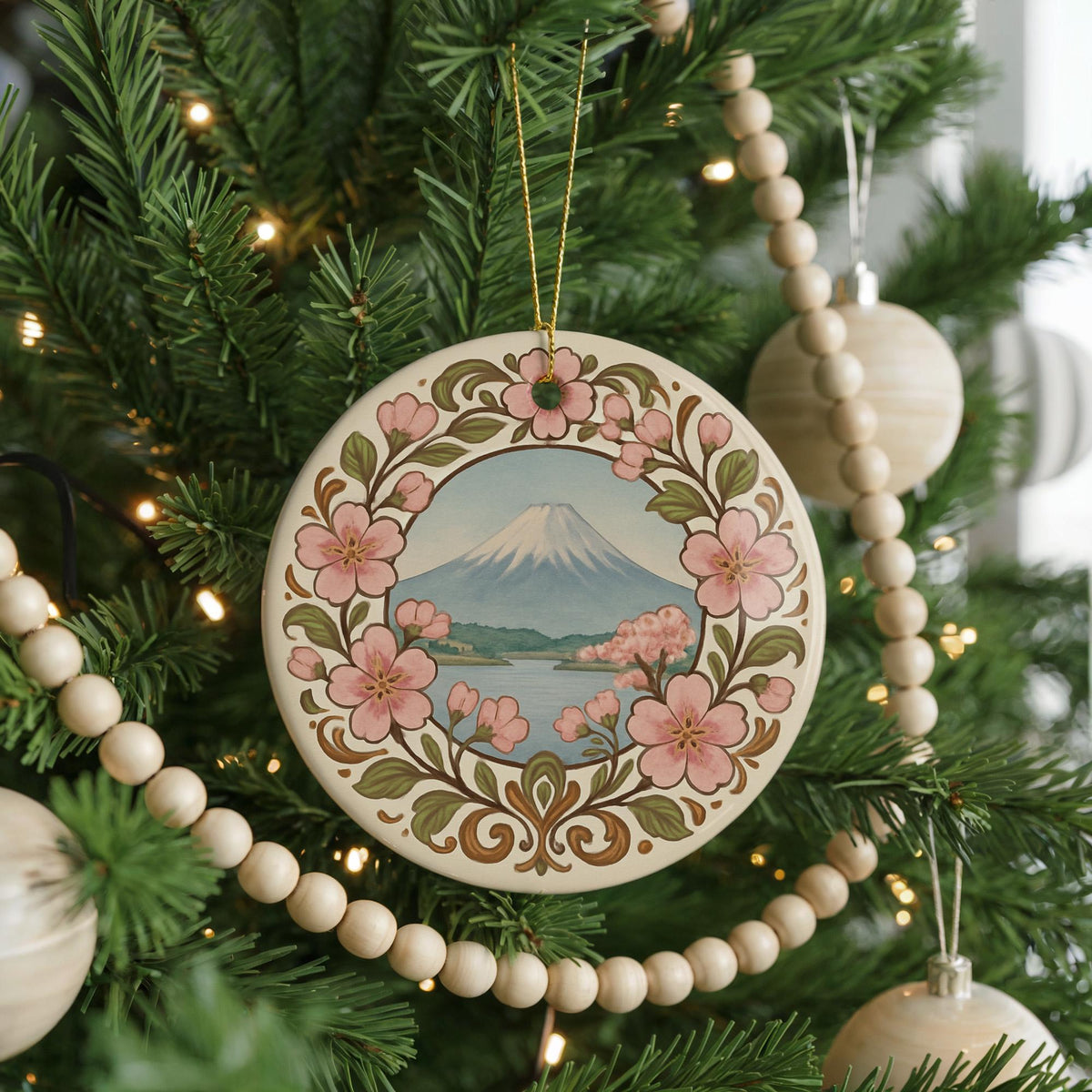 Cherry Blossom Ceramic Ornament with Floral Border and Iconic Landmark Scene – Spring Sakura Tree Decoration — photo 4