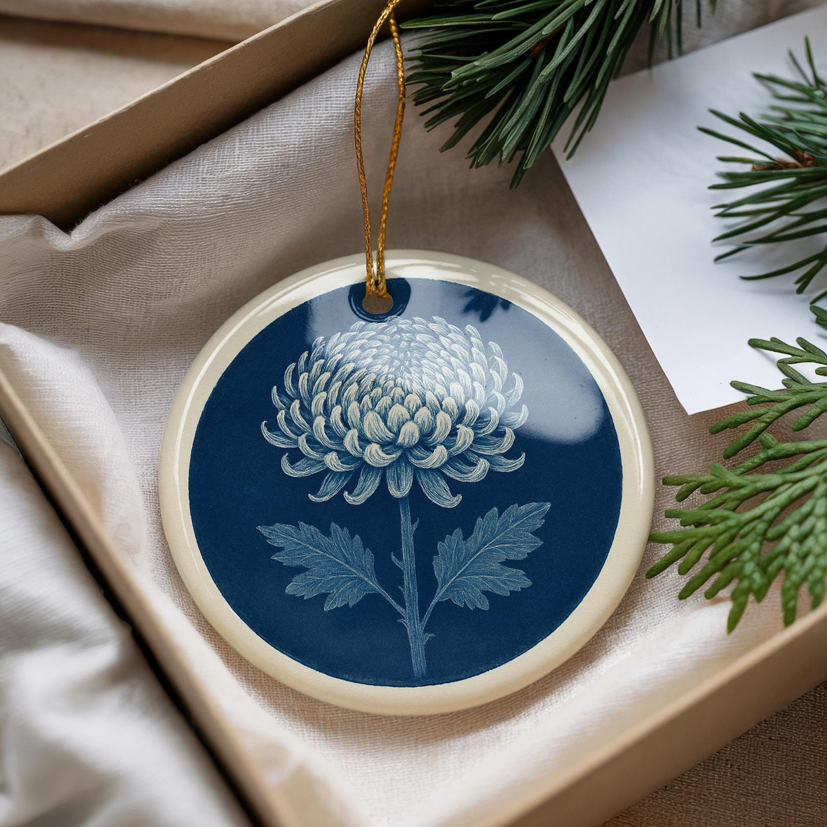 Chrysanthemum Botanical Landmark Ceramic Ornament – Circular Floral Study Design Keepsake Decoration — photo 1